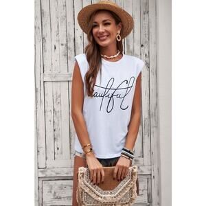 NWT White Padded Shoulder Letter Print Tank Top